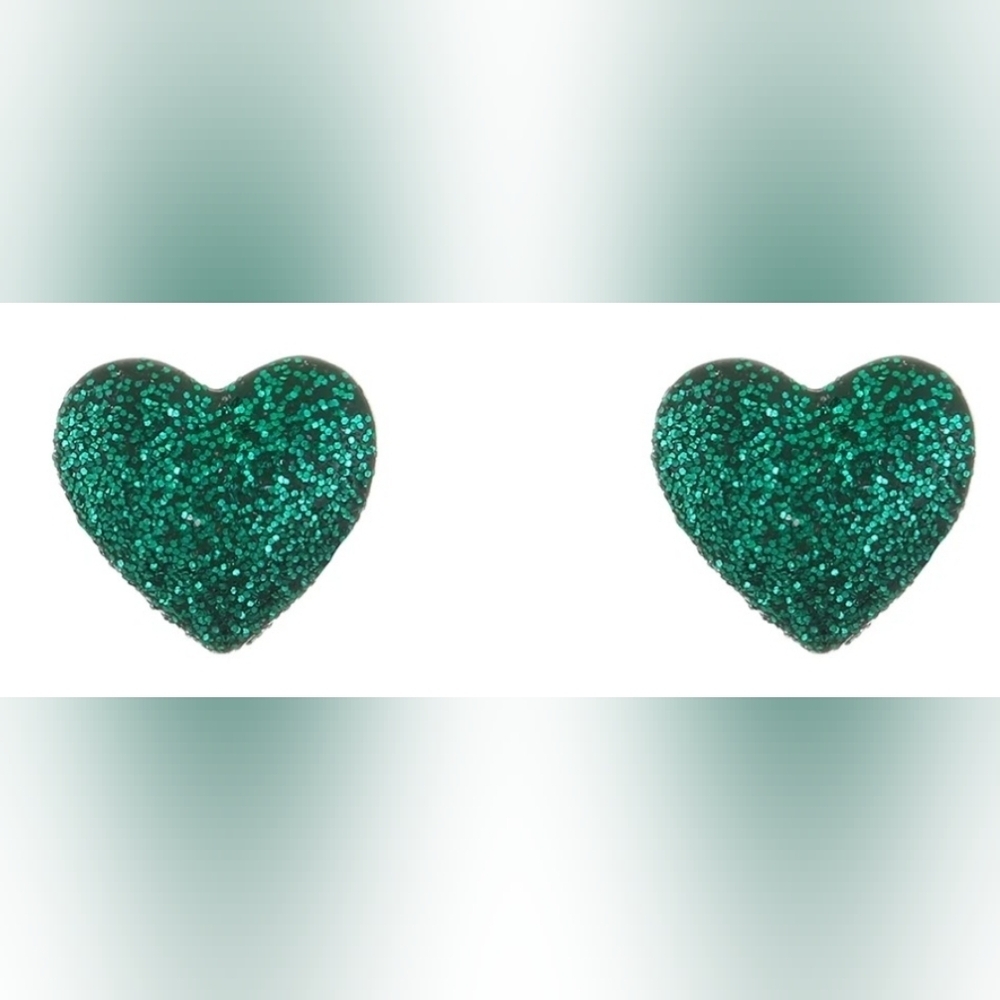 Glittered Green Hearr Earrings Hyper-Allergenic